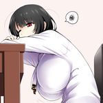  black_hair blush breasts chair cravat hanging_breasts huge_breasts inconvenient_breasts kantai_collection mattari_yufi one_eye_closed red_eyes short_hair simple_background solo spoken_squiggle squiggle table takao_(kantai_collection) white_background 