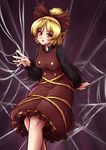  :d blonde_hair blush bow breasts brown_bow brown_dress buttons dress hair_bow highres kurodani_yamame long_sleeves looking_at_viewer mazume medium_breasts open_mouth ponytail puffy_long_sleeves puffy_sleeves red_eyes short_hair silk smile solo spider_web touhou 