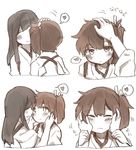  akagi_(kantai_collection) blush closed_eyes commentary hair_ribbon hand_on_another's_head hands_on_another's_face heart ina_(1813576) japanese_clothes kaga_(kantai_collection) kantai_collection long_hair monochrome multiple_girls petting ribbon side_ponytail smile spoken_heart tasuki wrist_grab yuri 
