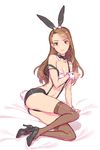  animal_ears arm_support bare_shoulders black_footwear blush breasts brown_hair bunny_ears bunny_tail cleavage clinexgrim covering covering_breasts hair_ribbon high_heels highres idolmaster idolmaster_(classic) long_hair looking_at_viewer minase_iori navel off_shoulder red_eyes ribbon shoes short_shorts shorts small_breasts solo sweatdrop tail thighhighs 