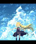  air ayakashi_(monkeypanch) bird blonde_hair closed_eyes cloud day flock highres kamio_misuzu long_hair outstretched_arms ponytail school_uniform seagull solo standing very_long_hair 