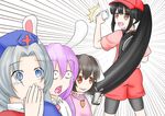  :3 :d :o alternate_costume alternate_hairstyle animal_ears backpack bag bike_shorts black_hair blue_eyes brown_eyes bunny_ears carrot_necklace cellphone commentary_request covering_mouth emphasis_lines female_protagonist_(pokemon_go) hat holding houraisan_kaguya inaba_tewi long_hair multiple_girls open_mouth phone pokemon pokemon_go ponytail purple_eyes purple_hair reisen_udongein_inaba short_hair shorts silver_hair smartphone smile surprised tears touhou uru_(uru0301) v-shaped_eyebrows very_long_hair yagokoro_eirin 