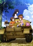  3girls :t absurdres arm_support basket black_eyes black_hair box brown_eyes brown_hair cardboard_box carrying carrying_over_shoulder casual caterpillar_tracks cloud cup day eating eye_contact family food from_behind girls_und_panzer ground_vehicle happy hatch highres long_hair looking_at_another looking_back military military_vehicle mother_and_daughter motor_vehicle multiple_girls nishizumi_maho nishizumi_miho nishizumi_shiho nishizumi_tsuneo obentou official_art onigiri open_mouth pants pants_rolled_up panzerkampfwagen_ii picnic picnic_basket profile reaching_out riding road scan seiza short_hair siblings sisters sitting sky sleeveless sleeves_rolled_up smile spring_onion tank tank_top thermos translation_request tree wrapped_obentou younger 
