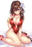  ankle_strap bad_id bad_twitter_id bangle bed_sheet blush bracelet braid breasts brown_eyes brown_hair casual_one-piece_swimsuit collarbone flower gan_(shanimuni) hair_flower hair_ornament hair_over_shoulder highres jewelry kanpani_girls large_breasts long_hair looking_at_viewer mole mole_under_eye one-piece_swimsuit open_mouth red_swimsuit shirayuri_sakura shoes single_braid sitting solo strappy_heels swimsuit thighs very_long_hair wariza 