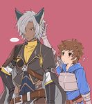  2boys akari_seisuke animal_ears armor belt blue_eyes blush blush_stickers brown_eyes brown_hair dark_skin dark_skinned_male erune eustace_(granblue_fantasy) fighter_(granblue_fantasy) flying_sweatdrops gran_(granblue_fantasy) granblue_fantasy hair_over_one_eye hand_on_hip height_difference hood hoodie male_focus multiple_boys red_background simple_background spoken_ellipsis turtleneck upper_body 