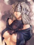  arms_behind_back bare_shoulders blindfold blonde_hair breasts breasts_apart cape covered_nipples dark_souls_iii fire_keeper fumio_(rsqkr) lips long_hair mask medium_breasts parted_lips pouty_lips silver_hair simple_background solo souls_(from_software) torn_clothes upper_body 
