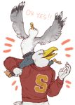  animated anthro avian beak bird bottomless clothed clothing duo eyes_closed iguanamouth mascot on_shoulders on_top on_top_of pose salisbury_university_sea_gulls sammy_the_sea_gull seagull topless 