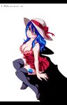  black_legwear blue_eyes blue_hair breasts cleavage dress fairy_tail hat hat_ribbon juvia_lockser large_breasts leg_tattoo long_hair looking_at_viewer looking_up ribbon short_dress sitting solo sun_hat tattoo thighhighs yume_ou 