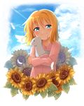  air blonde_hair blue_eyes dinosaur flower highres kamio_misuzu pajamas shiime short_hair smile stuffed_toy sunflower 