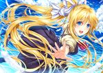  air blonde_hair blue_eyes cloud feathers kamio_misuzu long_hair morizono_shiki open_mouth outstretched_arms ponytail school_uniform solo very_long_hair water 