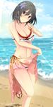  bare_shoulders beach bikini black_hair blue_sky blurry blush breasts brown_eyes cleavage cloud cloudy_sky day depth_of_field flower hair_flower hair_ornament head_tilt headgear kantai_collection large_breasts outdoors red_eyes sandals sarong shohei_(piranha5hk) short_hair sky solo swimsuit water yamashiro_(kantai_collection) 