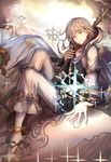  anklet barefoot blue_eyes braid cloud eyebrows eyebrows_visible_through_hair glowing granblue_fantasy grey_hair highres hood jewelry long_hair looking_at_viewer male_focus noa_(granblue_fantasy) parted_lips signature smile solo sparkle staff star starry_background tenyo0819 