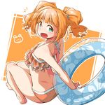  1girl aqua_eyes barefoot bikini guriko_(mossari) idolmaster idolmaster_(classic) innertube looking_at_viewer looking_back midriff open_mouth orange_hair sitting solo swimsuit takatsuki_yayoi twintails 