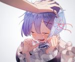  blue_hair blush closed_eyes hair_ornament hair_ribbon hand_on_another's_head maid maid_headdress open_mouth out_of_frame petting re:zero_kara_hajimeru_isekai_seikatsu red_ribbon rem_(re:zero) ribbon short_hair smile solo_focus tears x_hair_ornament yuno_tsuitta 