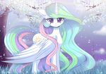  2015 cloud cutie_mark equine feathered_wings feathers female feral friendship_is_magic fur grass hair horn looking_at_viewer mammal multicolored_hair my_little_pony outside pastelmistress princess_celestia_(mlp) purple_eyes sky smile solo spread_wings tree white_feathers white_fur winged_unicorn wings 