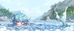 ahoge blue_eyes blue_hair blue_sky blurry bridge day depth_of_field glint hair_between_eyes head_fins highres hoshibuchi looking_at_viewer mermaid monster_girl mountain outdoors partially_submerged peeking reflection river rock scales shore short_hair sky solo swimming touhou v wakasagihime water 