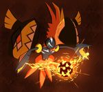  bad_id bad_pixiv_id blue_eyes electricity gen_7_pokemon mohawk multicolored multicolored_eyes no_humans orange_eyes pokemon pokemon_(creature) shield solo tapu_koko 