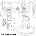  2016 anthro anthrofied apron areola ask-scylla bdsm blush bondage bondage_clothing bound breasts broken_horn cleavage clothed clothing coco_pommel_(mlp) cutie_mark elbow_gloves equine eyewear fall_of_equestria female friendship_is_magic gag glasses gloves horn horse legwear line_art mammal monochrome my_little_pony nipple_piercing nipples piercing pony pussy rarity_(mlp) scylla_the_kelpie sitting spreader_bar stockings unicorn 