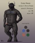  2015 abs anthro balls beard biceps black_balls black_fur black_hair black_nipples black_penis blinkblinkblink bovine cattle digital_media_(artwork) english_text erection facial_hair facial_markings front_view full-length_portrait fur gradient_background green_eyes hair hand_on_hip hooves horn humanoid_penis looking_at_viewer male mammal markings mature_male model_sheet muscular muscular_male navel nipples nude pecs penis portrait rov signature simple_background sobek_harken solo standing tail_tuft tattoo text tuft 