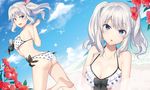  :d :o absurdres alternate_costume barefoot beach bikini blue_eyes bow breasts cleavage cloud collarbone day flower frilled_bikini frills hair_flower hair_ornament hair_ribbon halterneck hibiscus highres kantai_collection kashima_(kantai_collection) large_breasts looking_at_viewer looking_back multiple_views nanotaro open_mouth outdoors polka_dot polka_dot_bikini ribbon sidelocks silver_hair sky smile standing standing_on_one_leg swimsuit twintails water wavy_hair white_bikini 