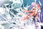  bare_shoulders black_legwear breasts center_opening cleavage detached_sleeves elbow_gloves fingerless_gloves gloves guilty_crown hair_ornament hairclip medium_breasts navel pink_hair red_eyes solo tanikku twintails yuzuriha_inori 