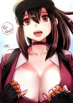 1girl breasts brown_eyes cleavage female_protagonist_(pokemon_go) gloves hat huge_breasts huge_tits long_hair pokemon pokemon_go shiny_eyes souryu tongue tongue_out 