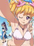  ;p armpits asahina_mirai beach bikini blonde_hair blue_bikini breasts chiharu_(9654784) cure_felice cure_magical cure_miracle day earrings eyebrows eyebrows_visible_through_hair hanami_kotoha hat heart highres izayoi_liko jewelry large_breasts long_hair looking_at_viewer mahou_girls_precure! medium_breasts mini_hat mini_witch_hat multiple_girls ocean one_eye_closed pink_hair precure purple_eyes purple_hair reaching_out sapphire_style self_shot side_ponytail star swimsuit tongue tongue_out v witch_hat 