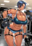  1girl abs absurdres ahoge anima_(togashi) biceps black_choker blue_eyes blue_hair bra breasts ceiling_light choker covered_nipples dark-skinned_female dark_skin dumbbell exercise gym highres large_breasts lights lips mole mole_on_breast muscular muscular_female nike o-ring o-ring_choker original shoes short_hair sneakers sports_bra sportswear steam steaming_body sweat sweatdrop thick_thighs thigh_strap thighs treadmill underwear weightlifting 