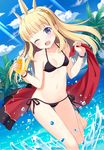  ;d bangs beach bikini black_bikini blonde_hair blue_sky blush breasts cagliostro_(granblue_fantasy) cloud collarbone commentary_request crown cup day drink drinking_glass drinking_straw granblue_fantasy hairband hyuuga_azuri long_hair looking_at_viewer navel ocean one_eye_closed open_mouth outdoors palm_tree purple_eyes side-tie_bikini sky small_breasts smile solo splashing swimsuit tree water 