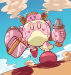 blue_eyes blue_sky cloud day diffraction_spikes dutch_angle gleam goggles goggles_on_headwear highres kirby kirby:_planet_robobot kirby_(series) mecha meka_(77111994) no_humans riding robobot_armor sky smile smoke waving 