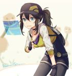  baseball_cap belt black_gloves black_hair black_legwear blue_eyes blush breasts choker cleavage commentary_request copyright_name doduo female_protagonist_(pokemon_go) fingerless_gloves gen_1_pokemon gloves hat holographic_interface hood hoodie large_breasts leaning_forward leggings legwear_under_shorts long_hair open_mouth pokemon pokemon_(creature) pokemon_go ponytail pulling resting shirt_pull shorts solo sweat twitter_username veryberry00 