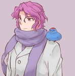  akimoto_(akimomomoto) animal animal_on_shoulder bad_id bad_pixiv_id bird bird_on_shoulder chika_(srw) male_focus purple_background purple_eyes purple_hair scarf shuu_shirakawa super_robot_wars super_robot_wars_the_lord_of_elemental upper_body 