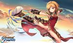  &gt;:) armor armored_dress armpits bangs black_gloves blonde_hair blush boots braid breasts brown_eyes china_dress chinese_clothes cloud commentary_request crown_braid djeeta_(granblue_fantasy) dress fingerless_gloves flying_kick gauntlets gloves granblue_fantasy greaves haoni kicking kung_fu_(granblue_fantasy) looking_away medium_breasts outstretched_arms outstretched_leg panties pantyshot shin_guards short_hair shoulder_armor side_slit sideboob sky smile solo sparkle spaulders spread_arms spread_legs underwear v-shaped_eyebrows white_panties 