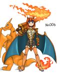  armor blue_eyes blue_wings boots breastplate breasts charizard gauntlets gen_1_pokemon horns kitsune-tsuki_(getter) lance looking_at_viewer medium_breasts orange_hair pauldrons personification pokemon pokemon_(creature) polearm thigh_boots thighhighs weapon wings 