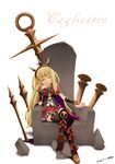  blonde_hair brooch cagliostro_(granblue_fantasy) commentary_request granblue_fantasy hair_ornament highres iwama_yoshiki jewelry long_hair md5_mismatch potion sitting smile solo thighhighs throne 
