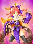  absurdres animal_ears black_legwear blue_legwear bow breasts cleavage collarbone detached_sleeves fang fate/extra fate_(series) fox_ears fox_tail hair_bow hair_ribbon highres japanese_clothes large_breasts open_mouth pink_hair ribbon solo tail tamamo_(fate)_(all) tamamo_no_mae_(fate) tsumiko96 yellow_eyes 