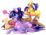  2016 alpha_channel bandage blue_hair dragonfoxgirl_(artist) duo equine eyes_closed feathered_wings feathers female feral flash_sentry_(mlp) friendship_is_magic fur hair horn magic male mammal multicolored_hair my_little_pony orange_fur pegasus pen purple_eyes purple_feathers purple_fur purple_hair scroll simple_background transparent_background twilight_sparkle_(mlp) winged_unicorn wings wounded writing 