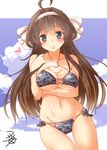  ahoge alternate_headwear bare_shoulders bikini blue_eyes blue_sky breast_rest breasts brown_hair camouflage camouflage_bikini cleavage cloud collarbone day double_bun groin hairband heart kantai_collection kongou_(kantai_collection) lips long_hair looking_at_viewer medium_breasts navel o-ring o-ring_top sky smile solo swimsuit toned yua_(checkmate) 