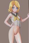  1girl armad belt black_sailor_collar blonde_hair blue_eyes blush bottomless breasts brown_background collarbone cowboy_shot female hand_on_hip hand_up highres kagamine_rin looking_at_viewer midriff navel neckerchief pussy sailor_collar shiny shiny_skin shirt short_hair simple_background sleeveless sleeveless_shirt small_breasts smile solo standing third-party_edit vocaloid white_shirt yellow_neckwear 