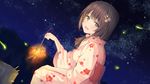  bangs blush brown_eyes brown_hair bucket commentary_request dutch_angle eyebrows_visible_through_hair fireflies fireworks floral_print from_side hair_ornament hair_over_shoulder highres japanese_clothes kimono looking_back nanotaro night obi open_mouth original outdoors sash senkou_hanabi sky smile solo sparkler squatting star_(sky) starry_sky yukata 