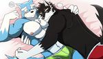  2016 abs andrew_saitou armpits bearlovestiger13 bed bulge canine clothing cotton_(artist) duo embarrassed fur gloves hero_dekirumontsu hug invalid_tag love male male/male mammal mighty_blue multicolored_fur nipples pecs romantic sleeping two_tone_fur underwear wolf zan 