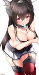  anchor artist_name bangs bare_shoulders black_hair blush boruhis breast_hold breasts cleavage collarbone cowboy_shot crossed_arms eyebrows eyebrows_visible_through_hair food food_in_mouth garter_straps hair_between_eyes headgear highres kantai_collection large_breasts long_hair looking_at_viewer midriff miniskirt mouth_hold nagato_(kantai_collection) pleated_skirt popsicle red_eyes simple_background skirt sleeveless solo thighhighs white_background white_skin zettai_ryouiki 