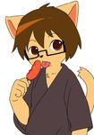  2016 anthro blush brown_hair clothing cub dessert eyewear feline flat_colors food fur glasses hair ice_cream male mammal manmosu_marimo shota shota_feline_(marimo) simple_background solo standing tan_fur tongue tongue_out white_background young 