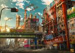  2019 akihabara_(tokyo) artist_name blue_sky building city cityscape cloud cloudy_sky commentary_request crosswalk day drainpipe fantasy ground_vehicle highres huge_filesize no_humans original outdoors road scenery sky smoke steampunk street tokyo_(city) tokyogenso train 
