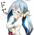  artist_name bangs bespectacled blue_bow blue_eyes blue_hair blue_neckwear blush boruhis bow bowtie closed_mouth collared_shirt doyagao eyebrows finger_to_eyewear from_side glasses green-framed_eyewear hair_ornament hand_up index_finger_raised kantai_collection kiyoshimo_(kantai_collection) long_hair long_sleeves looking_at_viewer multicolored_hair semi-rimless_eyewear shirt simple_background smile smug solo translated two-tone_hair under-rim_eyewear upper_body white_background white_shirt 