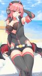  absurdres arm_support armpits bare_shoulders beach belt black_bra blackblades bra breasts cleavage dated day detached_sleeves food headphones highres iron_cross long_hair looking_at_viewer medium_breasts mouth_hold pink_eyes pink_hair popsicle short_shorts shorts signature sitting solo sweat thighhighs tirpitz_(zhan_jian_shao_nyu) underwear unzipped zhan_jian_shao_nyu 