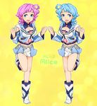  :d akimoto_(akimomomoto) al-3_alice antenna_hair bad_id bad_pixiv_id blue_eyes blue_hair boots character_name cleavage_cutout commentary_request crop_top dual_persona full_body midriff multiple_girls navel open_mouth pink_hair polka_dot polka_dot_background short_hair shoulder_cutout smile standing standing_on_one_leg stomach super_robot_wars_l yellow_background 