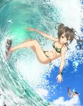  :d bare_arms bare_legs bare_shoulders barefoot bikini blue_sky breasts brown_eyes brown_hair cleavage collarbone day flight_deck green_bikini green_hair green_ribbon hair_ribbon highres kaga_(kantai_collection) kantai_collection medium_breasts multiple_girls navel ocean open_mouth outdoors purple_ribbon reluvy ribbon scrunchie short_hair short_twintails side-tie_bikini side_ponytail sky smile solo_focus splashing spread_legs stomach summer surfboard surfing swimsuit twintails water waves white_ribbon wrist_scrunchie zuikaku_(kantai_collection) 