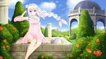  absurdres animal artist_name bare_legs barefoot blue_sky braid building bush cloud dated day detached_collar dress emilia_(re:zero) flower french_braid gazebo grass hair_flower hair_ornament highres hill long_hair long_sleeves looking_at_viewer neps-l outdoors petals pillar pink_dress puck_(re:zero) purple_eyes re:zero_kara_hajimeru_isekai_seikatsu short_dress shoulder_cutout silver_hair sitting sky sleeping smile wide_sleeves wind 