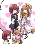  :d =_= ? blue_eyes blush bouquet boutonniere bow bowtie brown_hair center_frills closed_eyes collarbone cosplay dress flower hair_ornament heart holding hoshizora_rin hoshizora_rin_(cosplay) koizumi_hanayo koizumi_hanayo_(cosplay) kunikida_hanamaru kurosawa_ruby long_hair looking_at_viewer love_live! love_live!_school_idol_project love_live!_sunshine!! love_wing_bell magazine multiple_girls open_mouth orange_eyes red_hair school_uniform serafuku shipii_(jigglypuff) short_hair simple_background smile thighhighs thought_bubble twintails two_side_up uranohoshi_school_uniform wedding_dress yellow_bow 